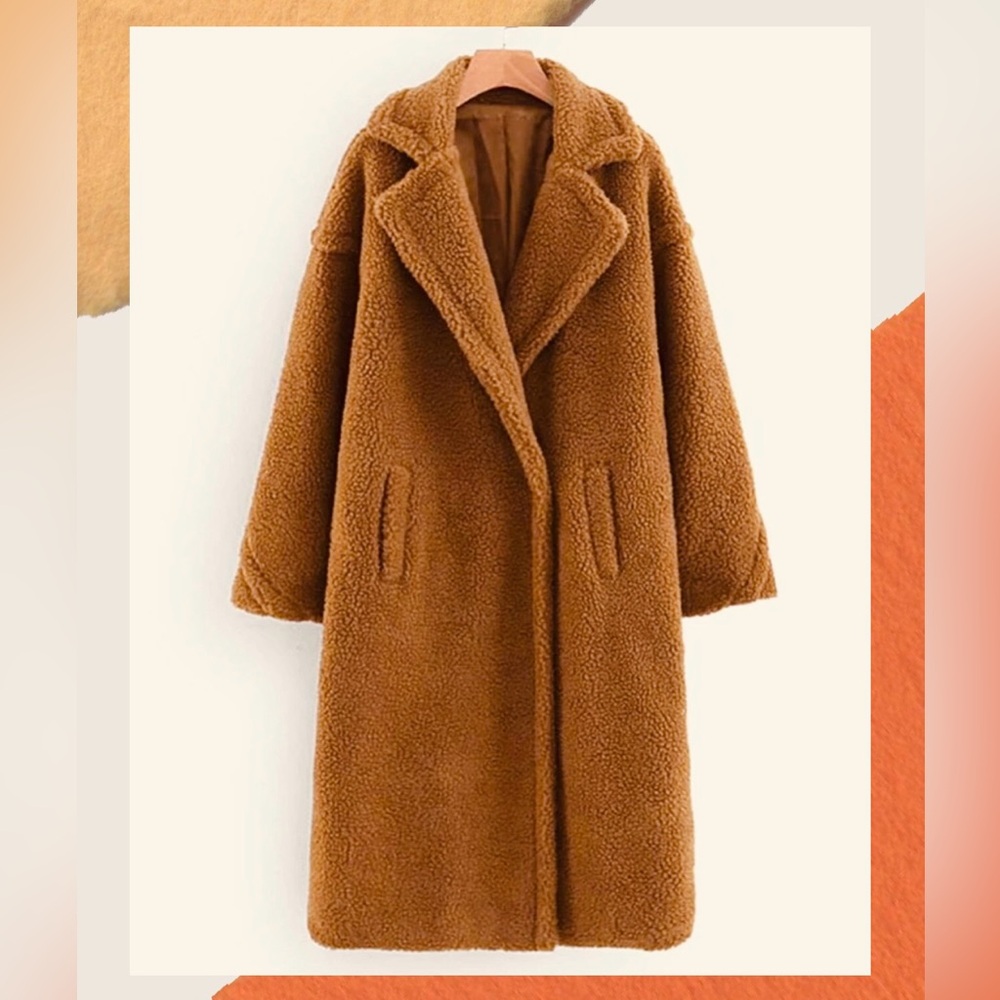 CAMEL TEDDY FLEECE COAT LONGLINE LAPEL COZY FALL WINTER OUTERWEAR